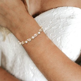 Crysdue Cubic Zirconia Simulated Pearl Marquise Drop Adjustable Link Wedding Bridal Bridesmaid Prom Tennis Bracelet Jewelry Gift for Women Clear Gold-Tone