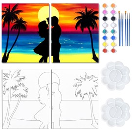 WEBEEDY 2 Packs Paint and Sip Kit for Couple's Date Night, 8x10 Inch Sunset Pre Drawn Beach Canvas for Painting Party Supplies Birthday Valentine's Day Anniversary Wedding Gift Wall Art Home Decor