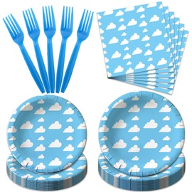 96 piezas de decoración de fiesta de cielo azul y nubes blancas, platos de papel de cielo azul, servilletas de nubes blancas, tenedores para niños y niñas, suministros para fiesta de cumpleaños