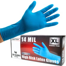SWIFTEX Heavy Duty Thick Latex Gloves, 14mil, Blue, Industrial, Powder Free, 12" Length, Textured, Multi-Purpose, Box of 50 (XXX-Large)