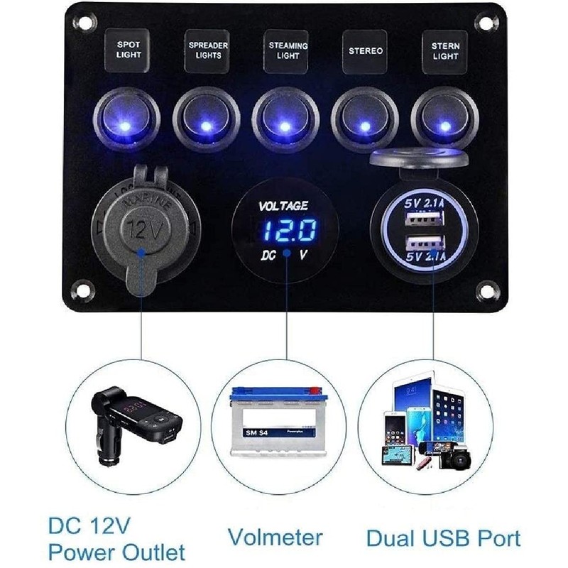 Riloer Green LED Voltmeter Control Panel Switch 12 V 5