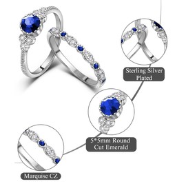 Eastlily Created Round Cut Sapphire Wedding Rings Set For Women, Marquise CZ Engagement Rings For Women, Rhodium-Plated Copper Blue CZ Promise Ring, Simulated Diamond Anniversary Rings for Size 7