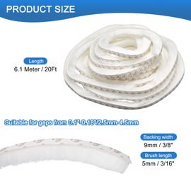 Awclub Brush Weather Stripping, 3/8" Backing x 3/16" Brush x 20ft Felt Pile Door Seal Strip for Sliding Door Window Wardrobe - Self-Adhesive White (Windproof Dustproof Soundproof)