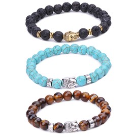 Unendlich U Unisex Buddha Armband, Zen-Buddhismus Legierung Armreif, EnergieStein Kugeln Perlen Gebet Mala Stretch Energiearmband, Braun/Blau/Schwarz(Lavastein)