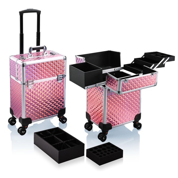 Stagiant Rolling Makeup Train Case Large Cosmetic Suitcase Trolley Makeup Luggage Storage Box 4 Tray with Sliding Rail Removable Middle Layer Swivel Wheels Salon Barber Case Traveling Cart Trunk