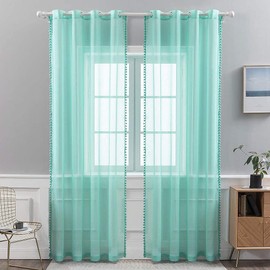 MIULEE Sheer Curtains Transparent with Pompoms Curtain Made of Voile Polyester Rod Pull Transparent Living Room Air Decorative Curtain for Bedroom Set of 2