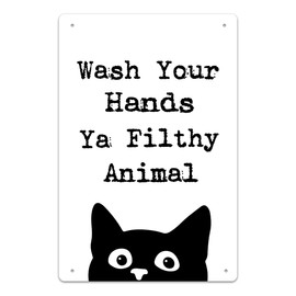 PUHEI Funny Black Cat Metal Signs, Wash Your Hands Ya Filthy Animal Metal Tin Sign, Funny Bathroom Signs, Cat Bathroom Decor, Funny Bathroom Decor, Cat Signs for Home Decor, 8x12 Inch