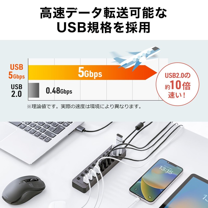 Sanwa Direct 400-HUBA23GM USB Hub, 10 Ports, Self-Powered USB Charger