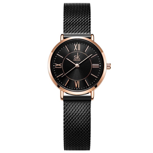 Alienwork Women's Watch Rose Gold Metal Mesh Strap Black Ultra-Thin