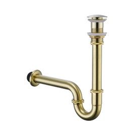 GORDEE Bathroom Sink Stopper Bottle Trap, U-Shape 1-1/4 inch Slip Inlet Drain Complete Kit, Lavatory Sink Stopper Set NO Overflow, Brushed Gold, Pls Measure ur Sink Hole Size Before Order