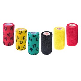 Prairie Horse Supply 3 Inch Vet Wrap Tape Bulk (Red, Yellow, Black and Black Paw Prints on Yellow, Red, Teal) (Pack of 6) Self Adhesive Adherent Adhering Flex Bandage Grip Roll for Dog Cat Pet