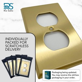 Rio Salto BRASS Metal Duplex Gold Outlet Cover or Light Switch Cover MID SIZE Wall Plate Single Duplex Receptacle Wallplate Covers 1 Gang Single Gang, Brushed Brass 4.92" x 3.15" 8-Pack
