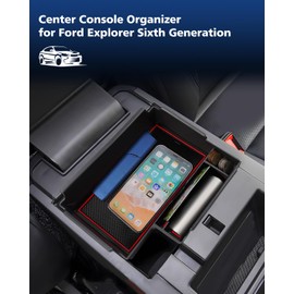 FIILINES Center Console Organizer for Ford Explorer 2020-2024, Armrest Storage Box ABS Console Insert Tray Container Accessories Center Console Tray with Red Blue Mats