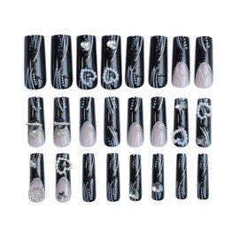 Black French Tip Press on Nails Extra Long Coffin Fake Nails with 3D Rhinestones Pearl Heart Designs Handmade Press on Nails Silver Glitter False Nails Full Cover Acrylic Nails for Women 24 Pcs