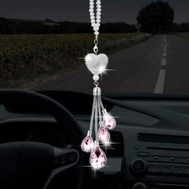 Frienda Bling Car Rear View Mirror Accessories for Women Gift Cute Heart Crystal Hanging Charm Diamond Decoration Lucky Interior Ornament Pendant(9.8 Inch,Pink)