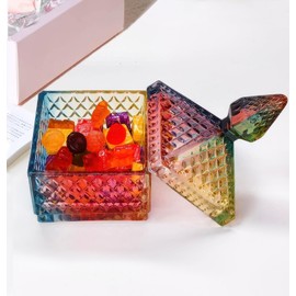 LWXPAIYY Colored Multicolor Glass Candy Dish with Lid 9 oz,Rainbow Covered Small Cute Decorative Vintage Candy Jar with Lid,Colorful Embossed Candy Dishes Bowl with Lids for Office Desk(Color)