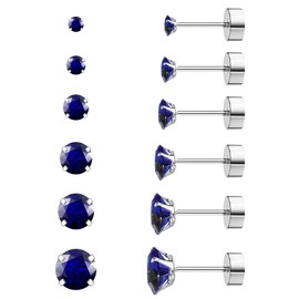 6 Pairs Earrings Set Hypoallergenic Cubic Zirconia 316L Earrings Stainless Steel Earrings for Women (Blue)