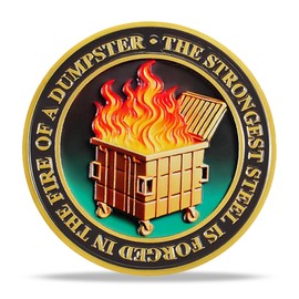 deDecoml Dumpster Fire Challenge Coin - The Strong Steel is Forged in The Fire of Chaos A Symbol of Resilience and Humor