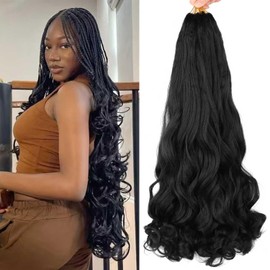 French Curl Braiding Hair Pre Stretched 24Inch 8 Packs Bouncy Wavy Braiding Hair for Boho Box Braids for Black Women (1B, 24Inch(Pack of 8))