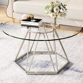 LVB 31.5” Round Glass Coffee Table, Modern Living Room Table with Hexagonal Silver Metal Frame, Small Contemporary Center Table for Bedroom, Office，31.5Inch