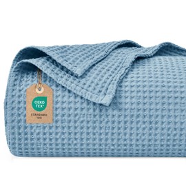 PHF Blanket 100% Cotton 130 x 150 cm, Soft Waffle Pique Bedspread, Lightweight Cuddly Blanket, Throw for Sofa Soul Bed, 130 x 150 cm, Dusty Blue