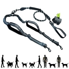 Tiesenci Double Dog Leash - Hands Free Dog Leash Crossbody & Waist for Dog Walking - Tangle-Free Bungee & Padded Handles for Medium & Large Dogs, Black