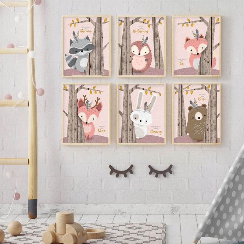 6Pcs 30x21cm Cute Cartoon Animal Pattern Canvas Painting Wall Art
