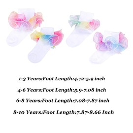 4 Pairs Toddler Girls Big Ruffle Rainbow Socks Double Lace Sock Turn Cuff Shimmering Frilly Dress for Infant Kids 1-10 Years