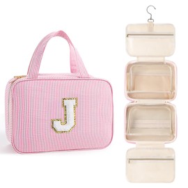 TOPEAST Travel Toiletry Bag Makeup Bag - Hanging Toiletry Bag for Women, Portable Toiletries Travel Bag and Cosmetic Bag, Airplane Travel Essentials Travel Toiletry Bag - Letter J, Pink