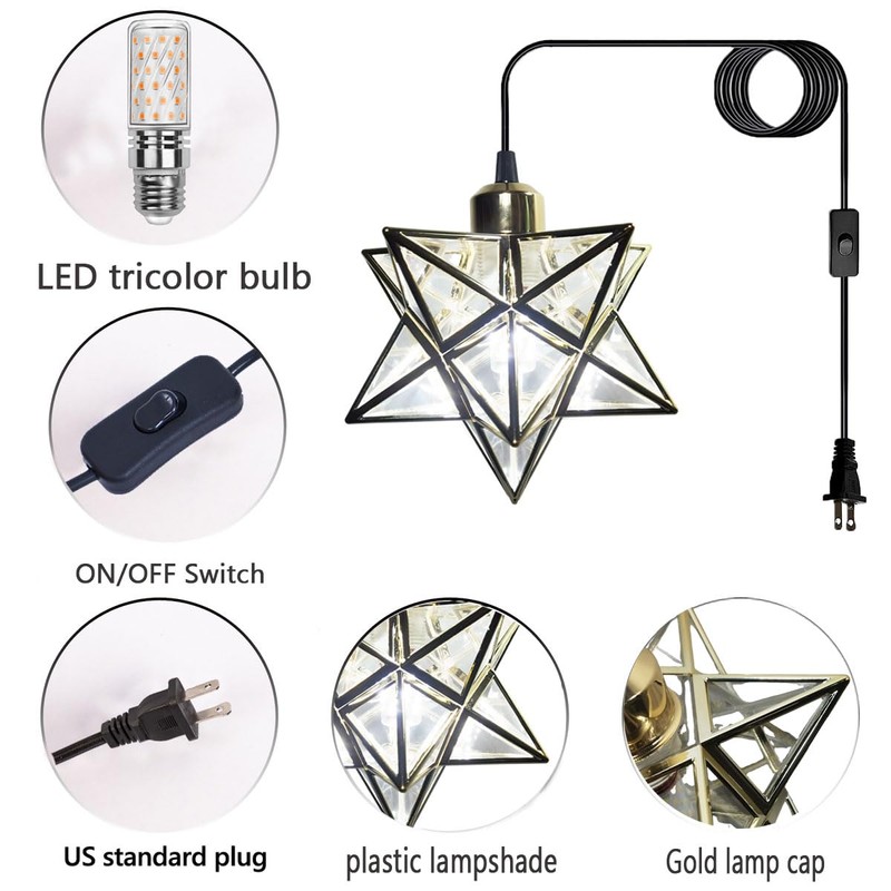 JLOWCO Gold Moravian Star Hanging Light with 16.5ft Plug-in Cord,Farmhouse