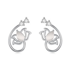 Lotus Flower Earrings for Women Silver 925 Moonstone Stud Earrings Flower Cartilage Earrings Jewellery Gifts for Women Girls, Sterling Silver, White opal