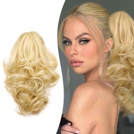Gairyan 10" Clip in Ponytail Hair Extensions Curly Ponytail Extension Claw on Pony tails Wavy Synthetic Hairpieces for Women Real Natural Short Wave, Light Blonde mix Bleach Blonde