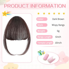 Cesomeey Clip in Bangs 100% Real Human Hair, Wispy Bangs Hair Clip, Hair Bangs Clip in Human Hair, Fake Bangs Fringe with Temples Hairpieces, Clip on Bangs for Women Daily (Dark Brown, Wispy Bangs)