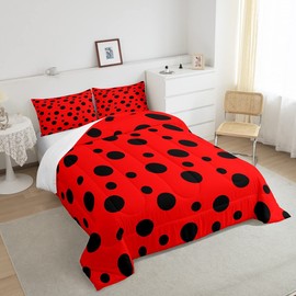 Ladybug Full Size Comforter Set,Red and Black Bedding Set for Adults Teens,Children Polka Dot Pattern Comforter Luxury Cartoon Theme Quilt Set Room Decor 3Pcs