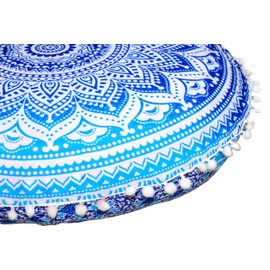 Round Mandala Floor Pillow Cover Seating Cushion Throw Cover Ottoman Pouf Cover Pom Pom Pillow Cases Hippie Decorative Bohemian Boho Indian 22 Inches (Blue)