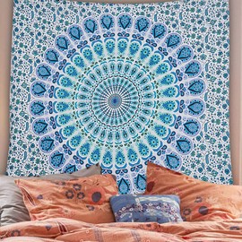 FURNISHFUL FINESSE Peacock Mandala Tapestry for Bedroom Living Room Décor, Cotton Boho Bohemian Wall Hanging Tapestries - 84x90 Inches, (Sky Blue & White)