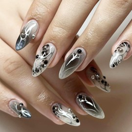 Almond Press on Nails Medium Fake Nails with Silver Rhinestone Design Glossy Glue on Nails Reusable Artificial Stick on Nails Full Cover Acrylic False Nail for Women Girls Nail Art 24pcs