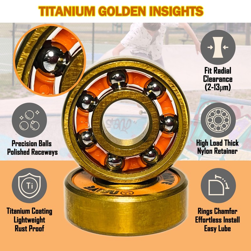 Naivskb Skateboard Bearings 8 Pack - Premium Titanium Coated ABEC9