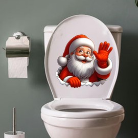 Dreothy Christmas Santa Claus Toilet Cover Sticker, Removable Snowman Elf Toilet Sticker, Christmas Toilet Seat Sticker Bathroom Wall Door Stickers (Waving Santa Claus)