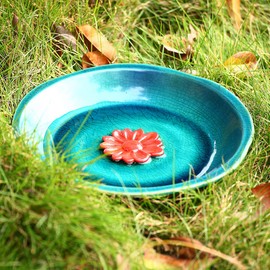 Topadorn Birdbath Ceramic Bowl Decor for Bee Bird Bath Outdoor Garden Vintage Yard,Blue with Red Flower