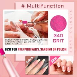 Nails Sanding Bands 240Grit Sanding Band for Nail Drill, 200Pcs Pink Sanding Band 240 Grit Fine Sanding Bands with 3/32” Sanding Bit for Natural Nail and Gel Nail, Sand Band Set Great for Manicure