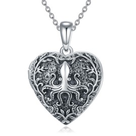 Shusukue Collar con medallón de corazón de pulpo que sostiene 2 fotos de plata de ley 925 con colgante de pulpo con colgante de corazón para mujeres y madres, Plata esterlina, Base