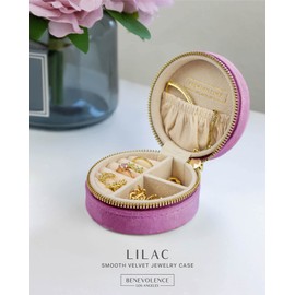 Benevolence LA Velvet Travel Jewelry Box for Women – Compact Round Zipper Case for Rings, Earrings & Necklaces – Small Portable Organizer & Giftable Storage – Lilac