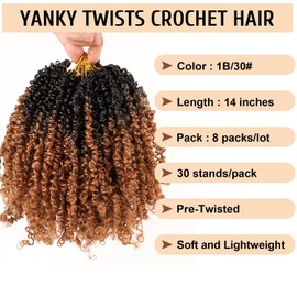 IIFLYDSFA Pre Looped Yanky Twist Crochet Hair 14 Inch 8 Packs Black to Brown Ombre 1B/30# Fluffy Spring Mini Twist Passion Twist Bohemian Synthetic Crochet Braiding Hair