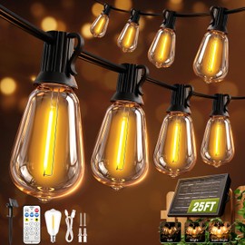 Guirnalda de luces solares para exteriores, impermeables, con control remoto y temporizador, bombillas LED ST38 inastillables, luces de patio con alimentación USB y energía solar para patio