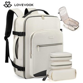 LOVEVOOK Colorblock Carry-On Travel Backpack with 3 Packing Cubes and Laptop Compartment - Personal Item,TSA-Friendly, Airline Approved Travel Bag for Hiking, Overnight, Weekend,Gift for Valentine's Day:_Beige-black_50L