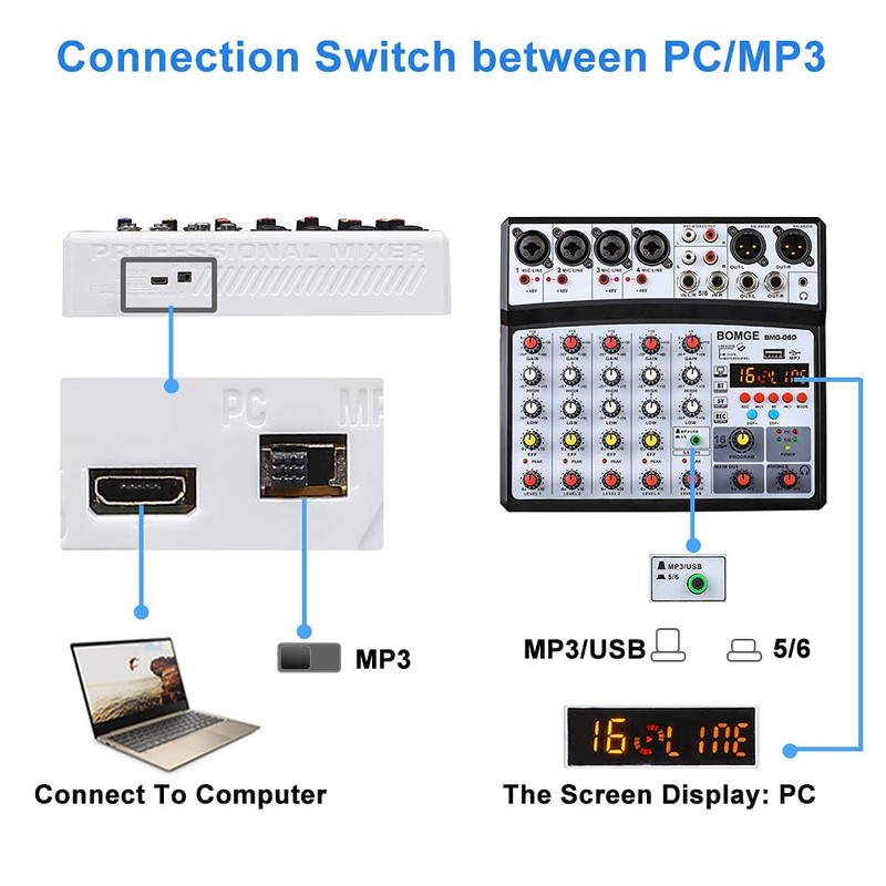 BOMGE 6 Channel Audio Sound Mixer - Professional Digital DJ