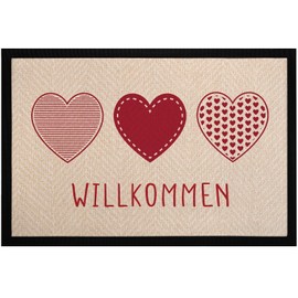 MoonWorks® Doormat Welcome Motif Hearts Door Mat Decorative Front Door Entrance Non-Slip & Washable Welcome Beige Red 60 x 40 cm