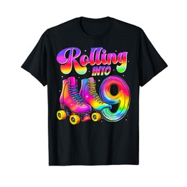 9th Birthday Girl Nine 9 Year Old Roller Skate Skating Party T-Shirt
