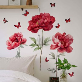 Runtoo Large Red Flowers Wall Stickers Butterfly Watercolor Floral Wall Stickers for Bedroom Living Room Children's Room Office Home Decoration